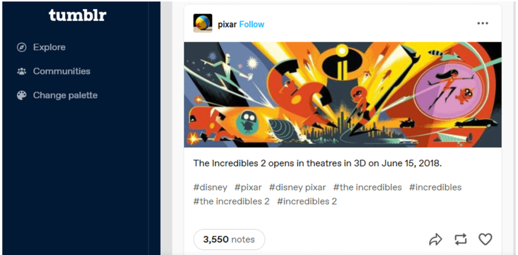 Disney's Pixar account, where they share behind-the-scenes artworks and information about films for their followers.